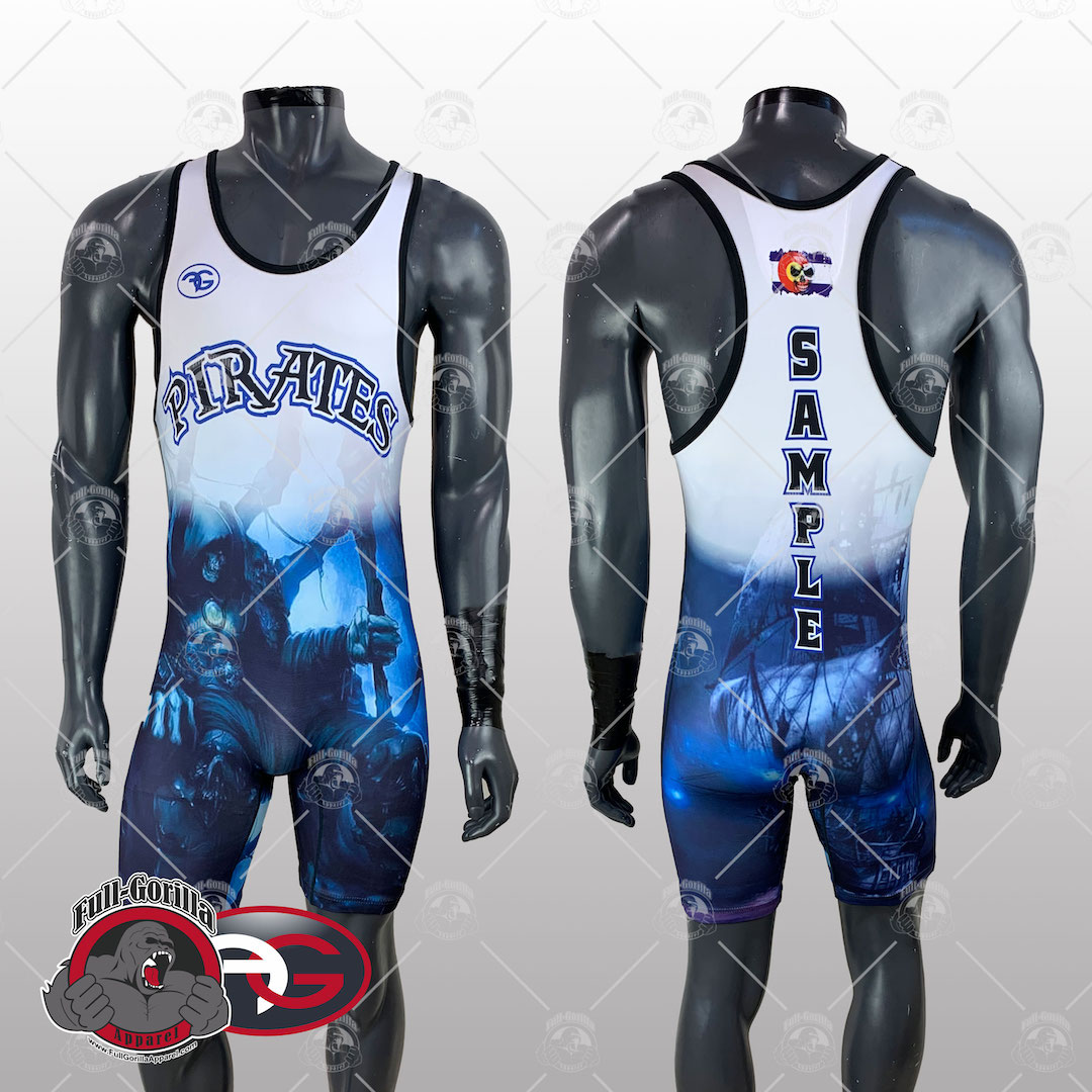 Almeda Pirates Custom Graphic White and Blue Wrestling Uniforms created by Full Gorilla Apparel