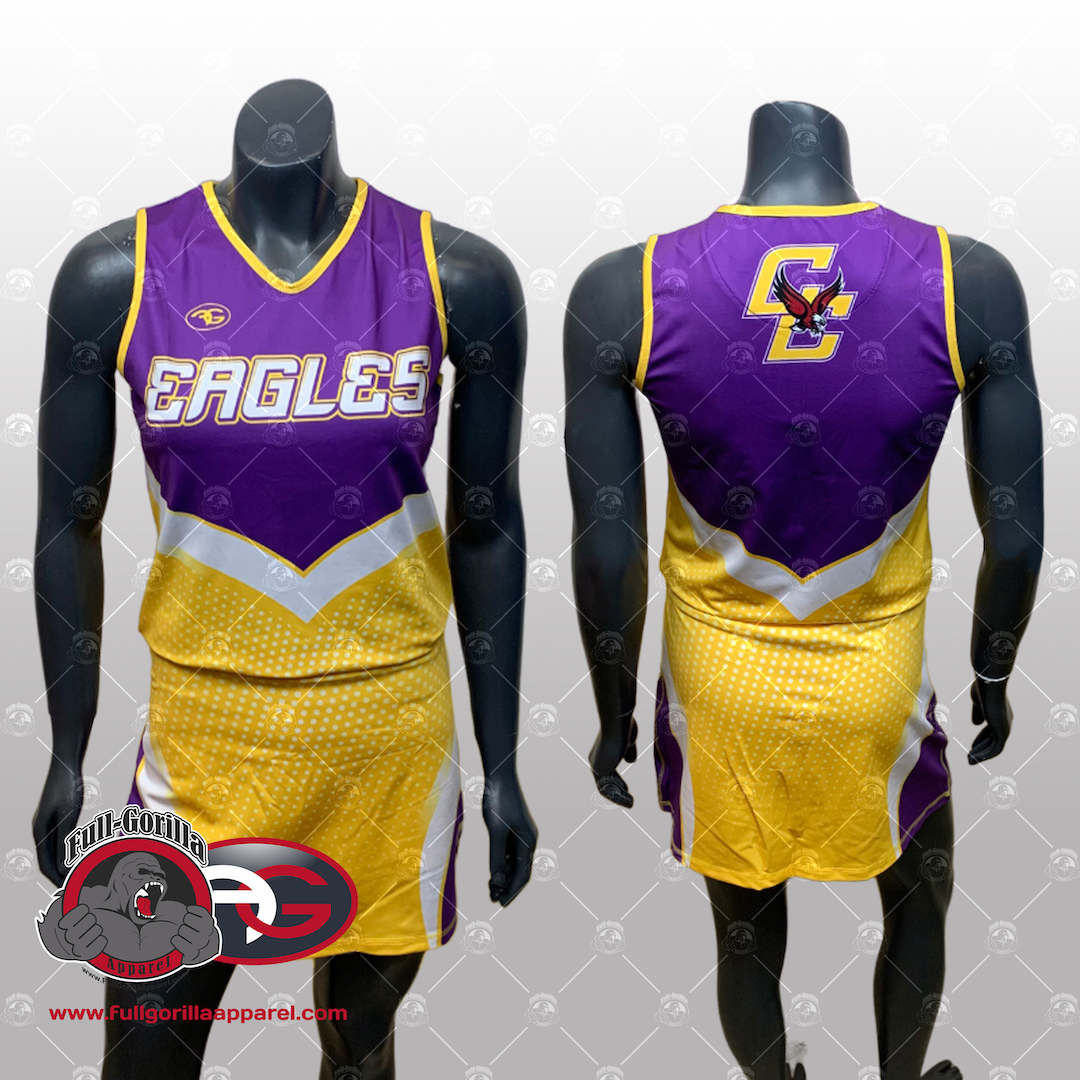 Crawford Country Eagles Yellow and Purple Cheer Squad Custom Uniforms