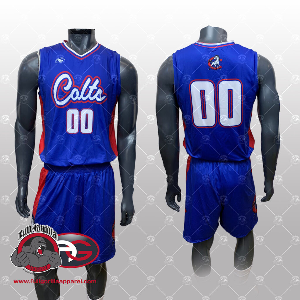 Full Gorilla Custom Crawford High School Blue and Red Basketball Uniforms