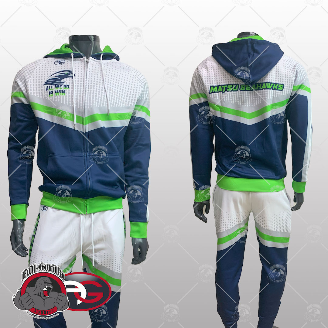 Matsu Seahawks Blue, Green and White Cheer Team Custom Warm Up Uniforms