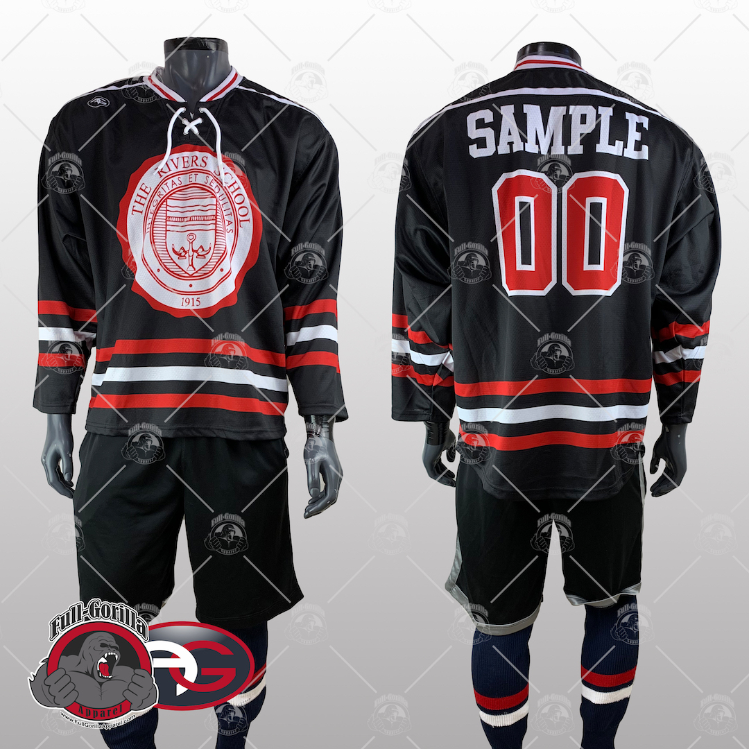 Northpoint The Rivers School Custom Black and Red Hockey Uniforms created by Full Gorilla Apparel