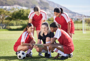 Soccer, sports and woman athlete players planning.
